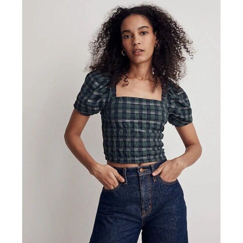 Madewell Hopewell Puff-Sleeve Crop Top Women Green Blue Plaid Blouse Size Small - Picture 1 of 4